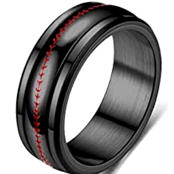 Stainless Steel Baseball Unisex Black & Red Fidget Spinner Ring Size 10 - Picture 6 of 13